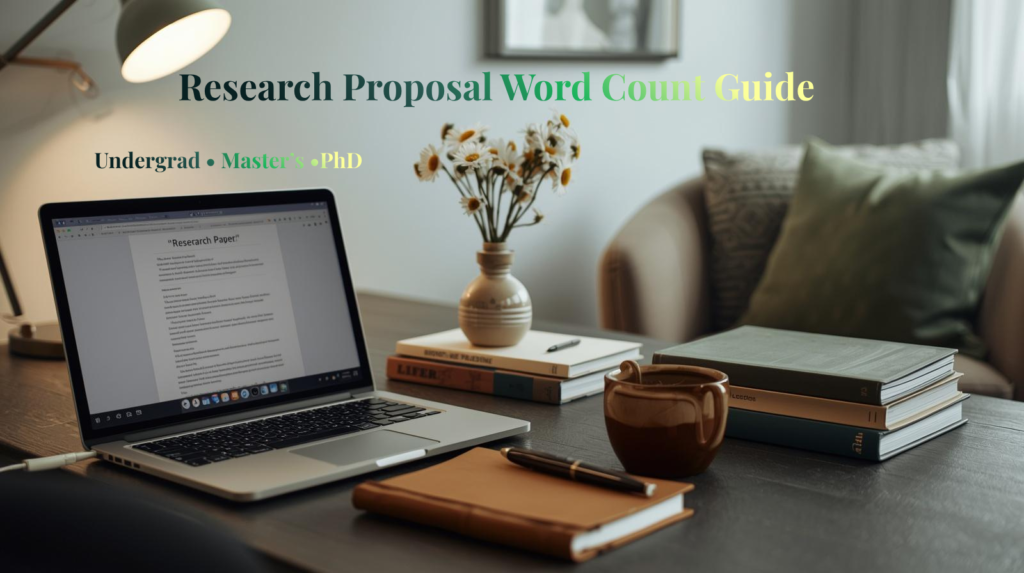 Student laptop displaying a research proposal document with books and coffee beside it representing how many words is a research proposal.