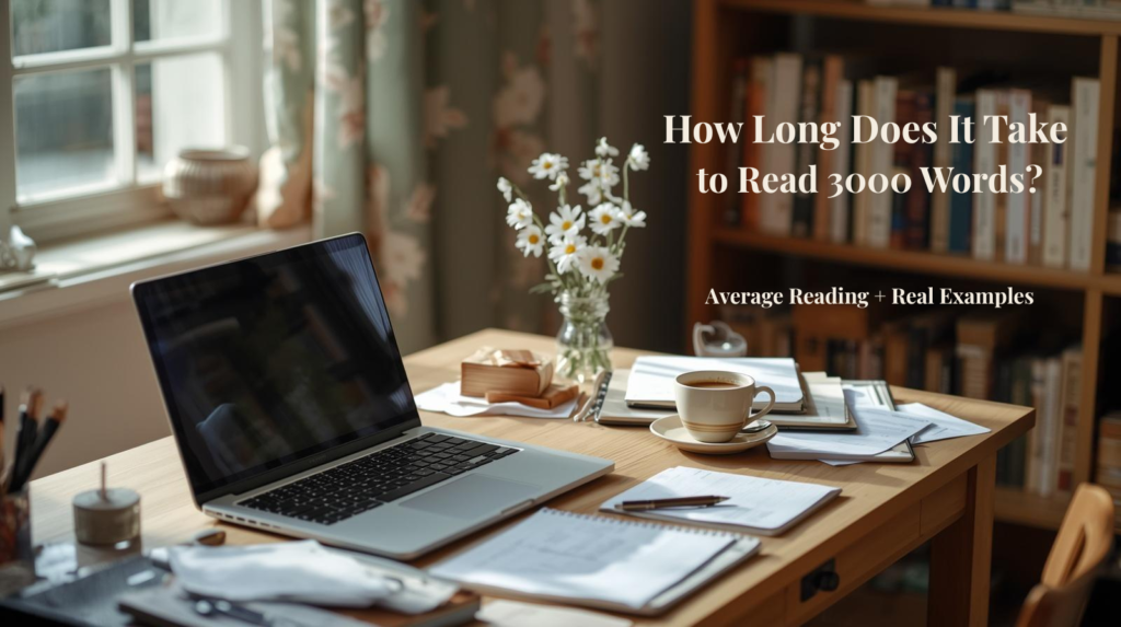 How long does it take to read 3000 words illustration with cozy desk, coffee, books, and reading time estimate