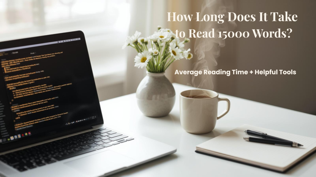 How long does it take to read 15000 words illustrated by a cozy workspace and open laptop
