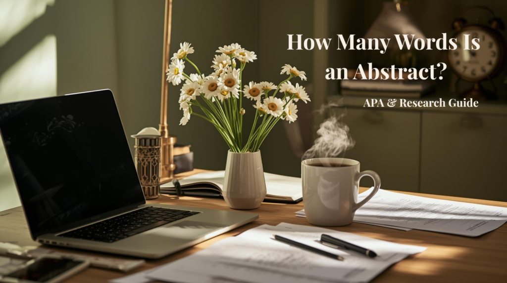 How Many Words Is an Abstract?  Cozy writing desk with laptop, coffee, papers, and daisies 
