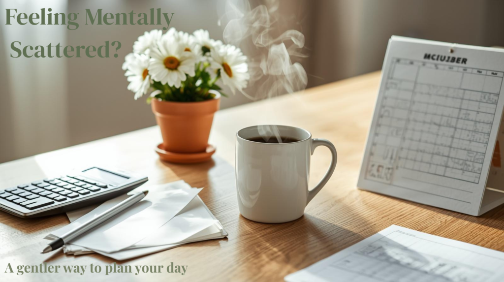 Cozy daily focus planner workspace with coffee, daisies,  planner calendar, and calming productivity setup