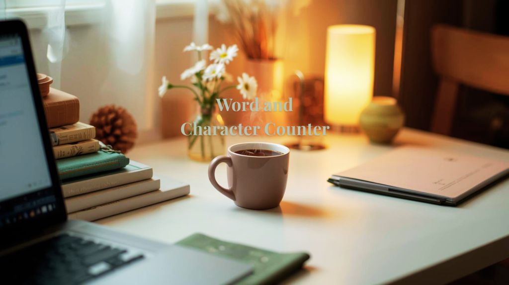 cozy word and character counter workspace with coffee, books, laptop, and warm lighting