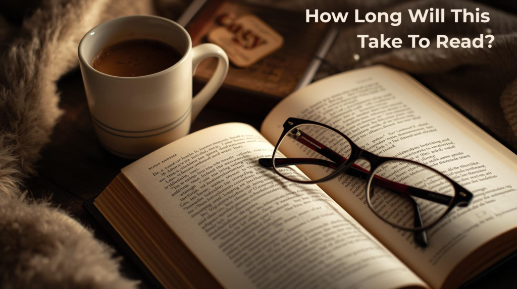 Cozy reading setup with coffee, open book, and glasses for Reading Time Calculator article.