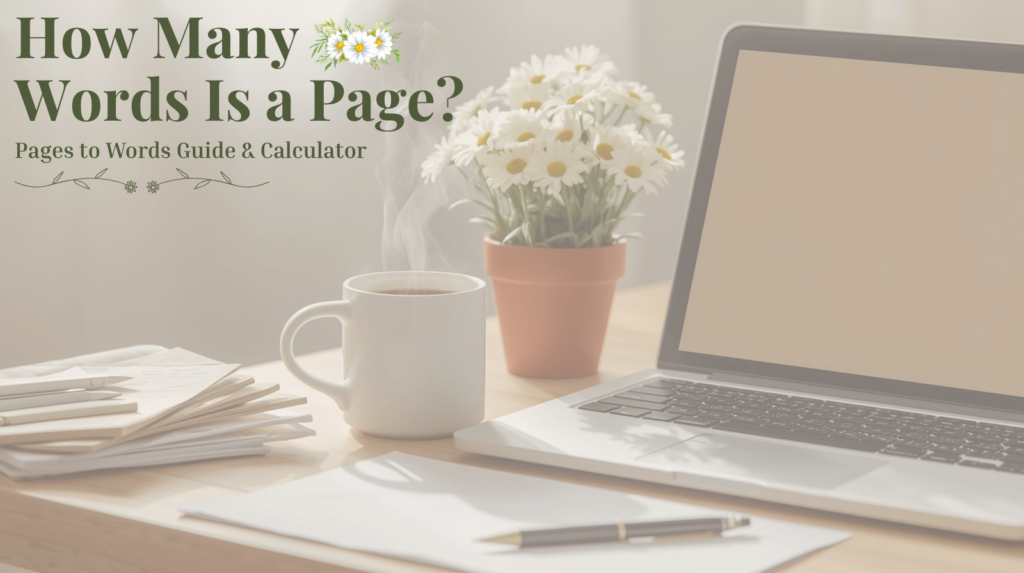 How many words are in a page?  graphic featuring a cozy workspace with coffee, daisies, and laptop