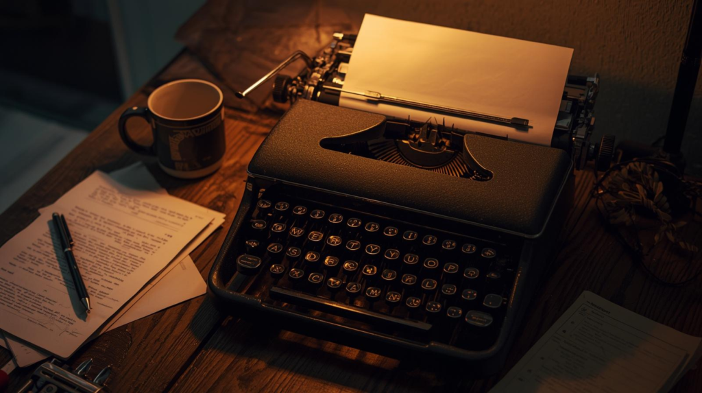 cozy writing desk with typewriter and coffee