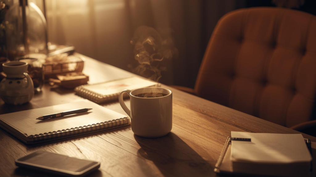 How to use writing sprints to stay focused and write more. Cozy workspace with a comfortable chair and steaming cup of coffee