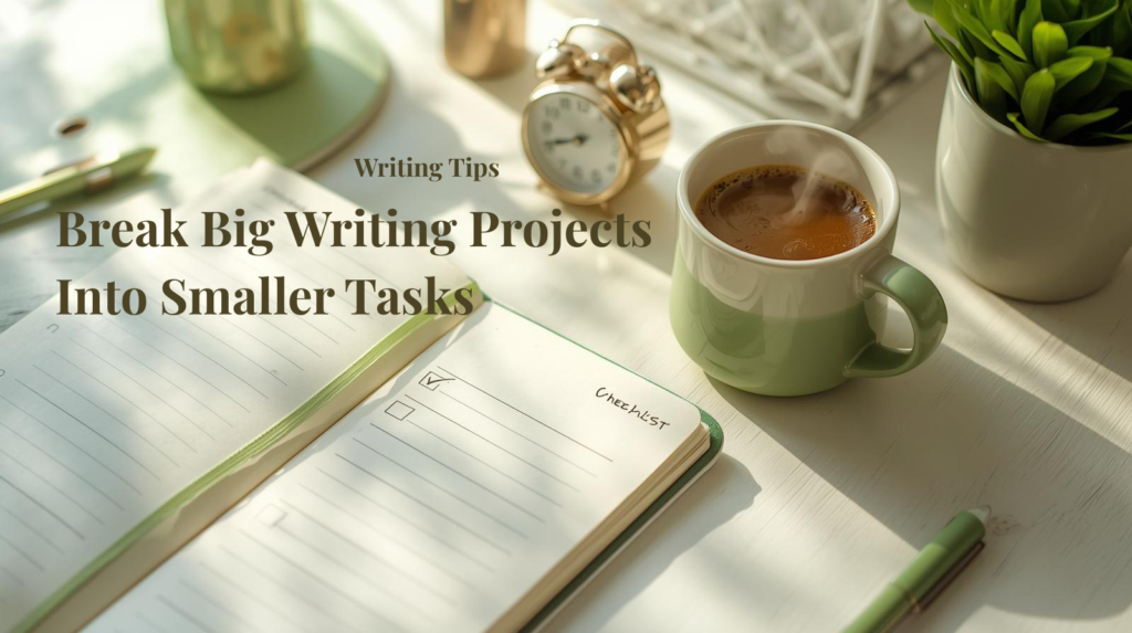 Cozy writing workspace showing how to break a writing project into smaller tasks using a checklist and timer.
