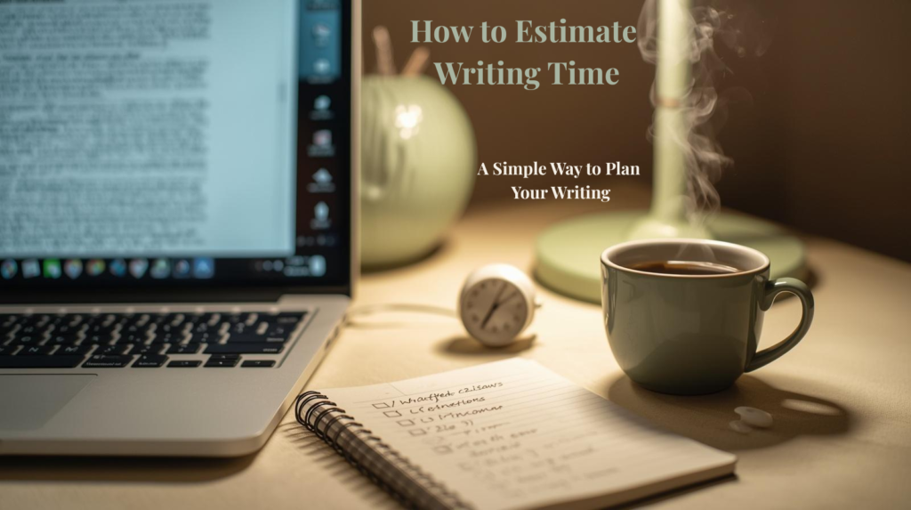 Cozy Writing workspace with notebook, coffee, and planning tools illustrating how to estimate writing time before starting a writing project.