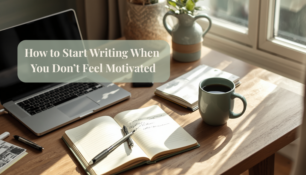 Start writing with a cozy workspace featuring coffee, notebook, and simple writing habits
