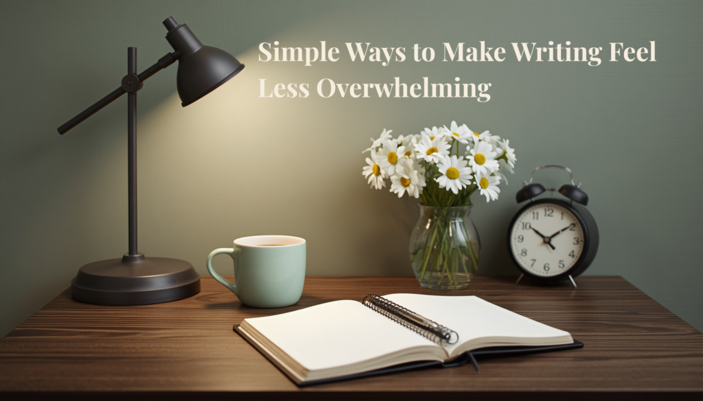 Cozy writing workspace with notebook and coffee featuring the text Simple ays to Make Writing Feel Less Overwhelming.