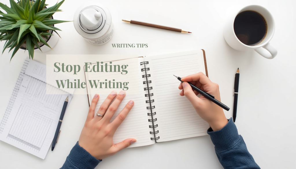 Stop editing while writing image with notebook, coffee, and writing workspace.