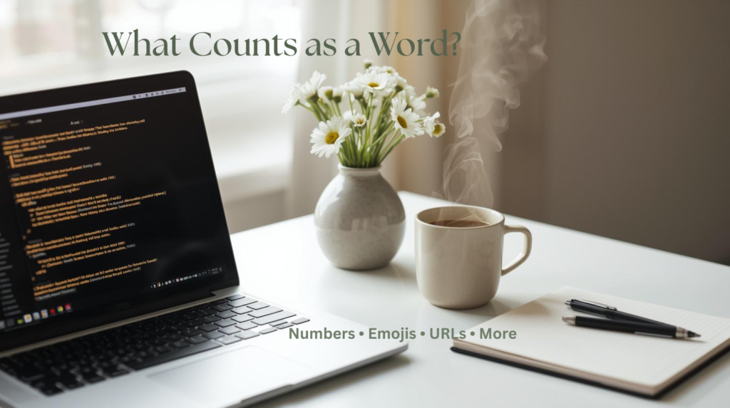 Cozy writing workspace with laptop illustrating what counts as a word including numbers, emojis, URLs, and word count examples