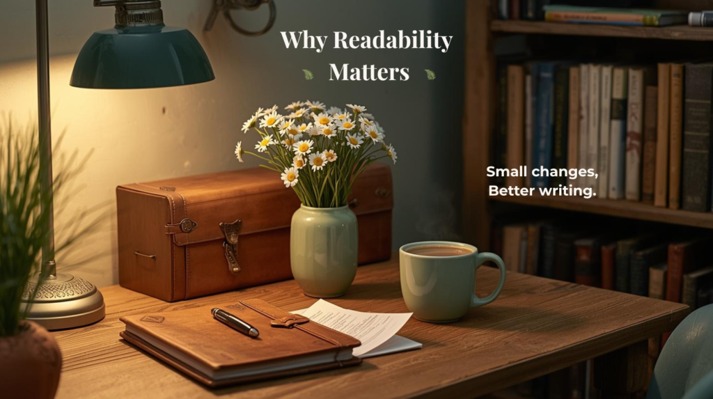 Cozy writing desk with daisies, books, and coffee illustrating why readability matters for clear and engaging writing