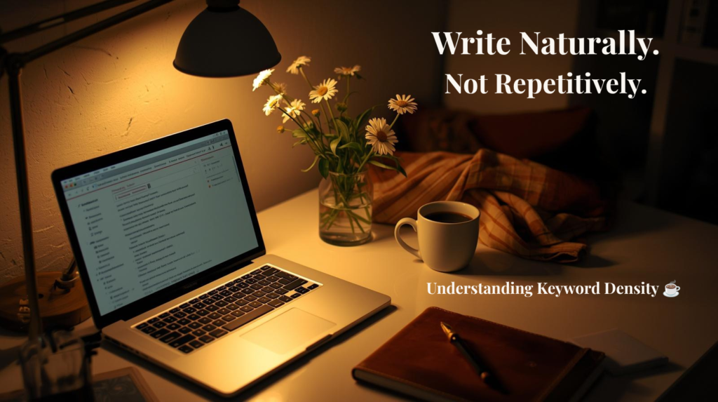 Cozy writing desk with laptop, coffee, and flowers featuring the text Write Naturally.  Not Repetitively.  For a keyword density article