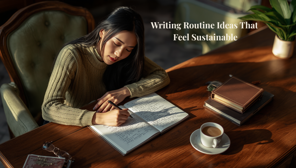 Person writing at a desk with notebook and coffee representing writing routine ideas for staying focused and building consistent writing habits.