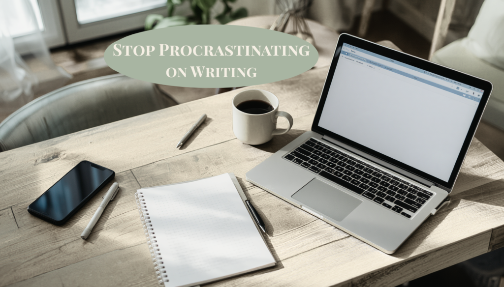 Stop procrastinating on writing with a cozy workspace featuring a laptop, coffee, and notebook ready for a writing session.