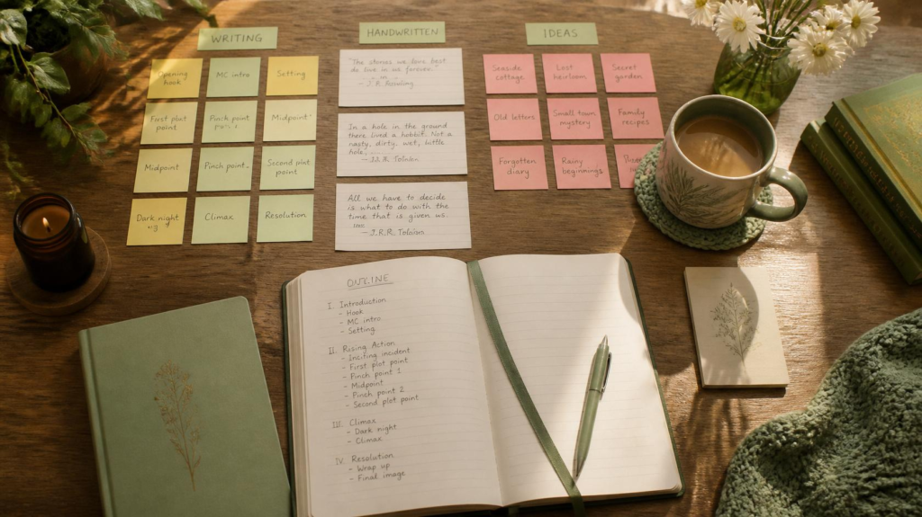 A warm wooden desk with color-coded sticky notes, handwritten notes, index cards, an outline notebook, and a cup of coffee illustrates how to organize your ideas before you start writing.